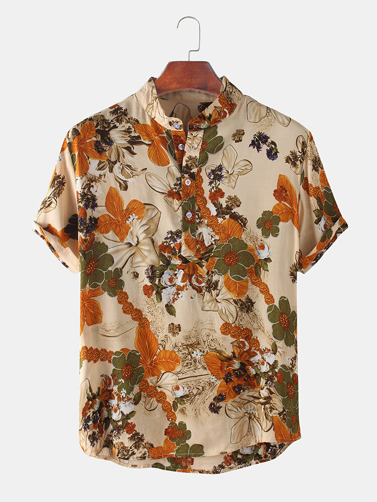 Mens Floral gedrukte Stand kraag vakantie Casual korte mouwen Henley Shirts