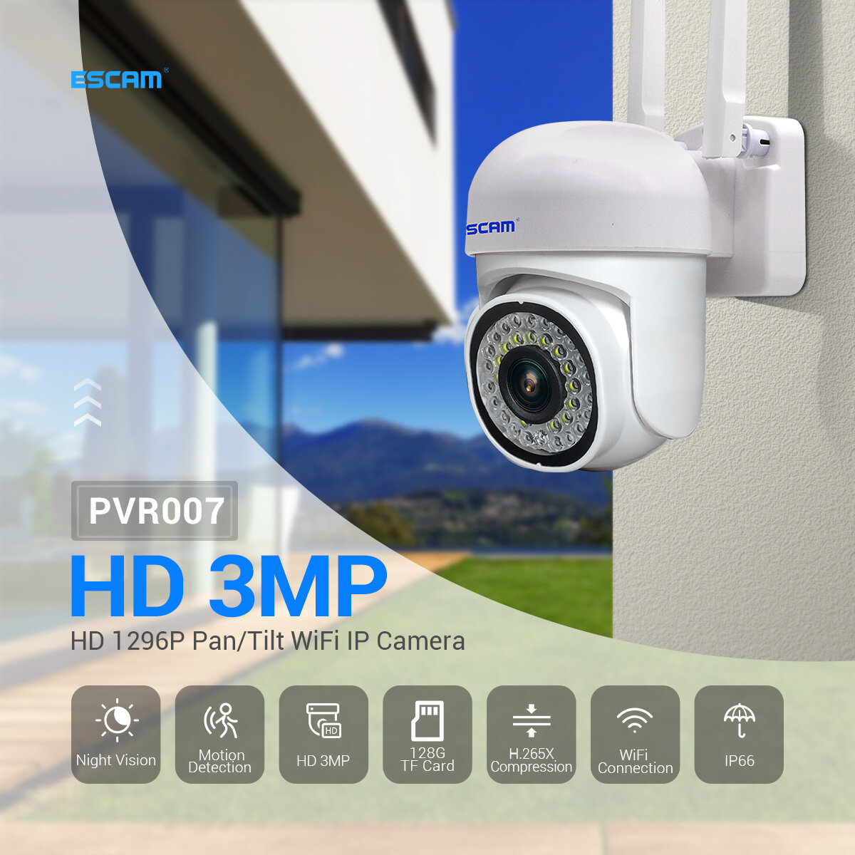ESCAM PVR007 3MP 1296P Full Color Draadloze PTZ IP Dome Camera H.265 IP66 AI Humanoïde Detectie Home