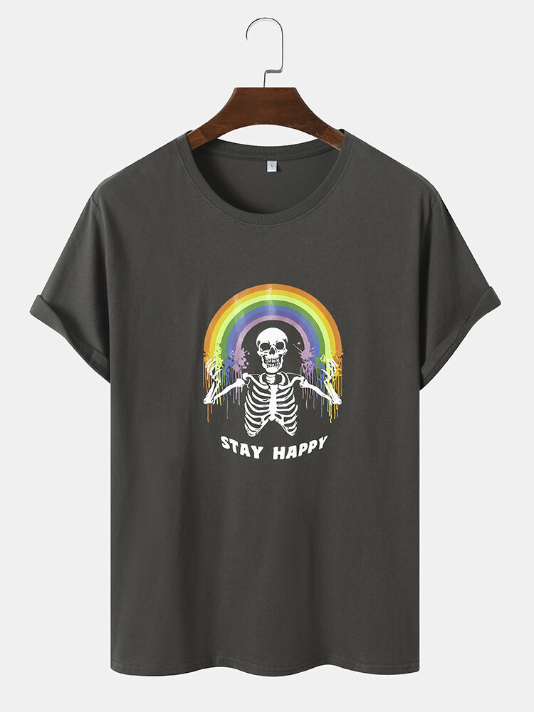 Men Cotton Funny Skull Rainbow Print Leisure All Matched T-Shirts