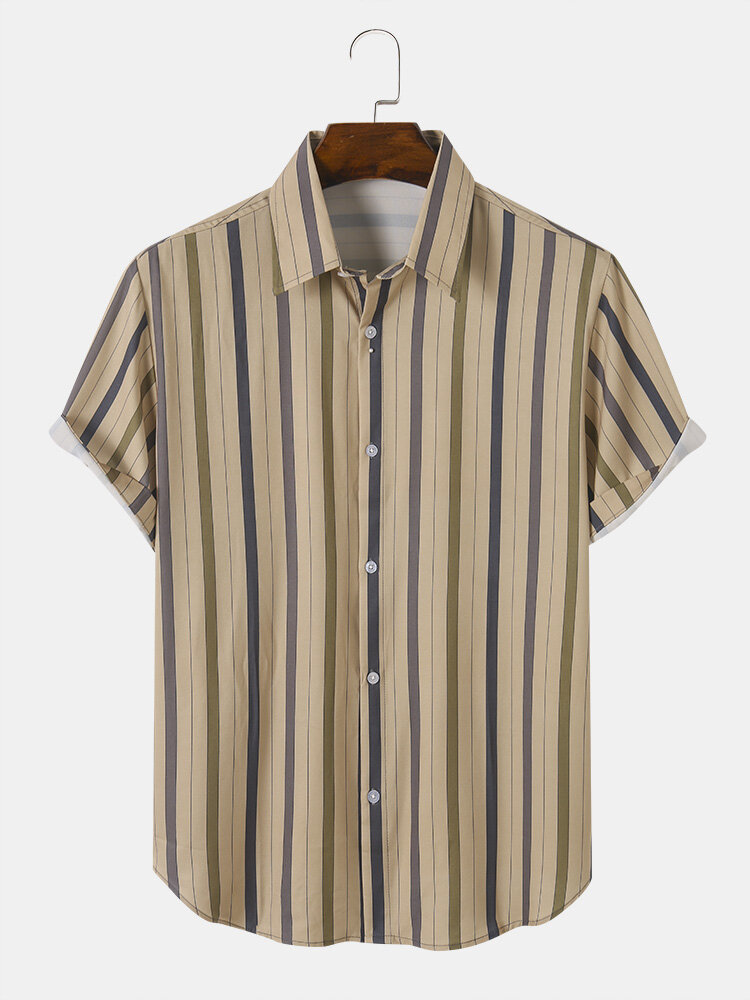 Men Striped Print Front Buttons Curved Hem Comfy All Matched Shirts