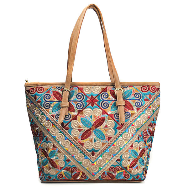 

Brenice Women National Emossed Floral Tote Handbag Vintage Geometry Shopping Bag