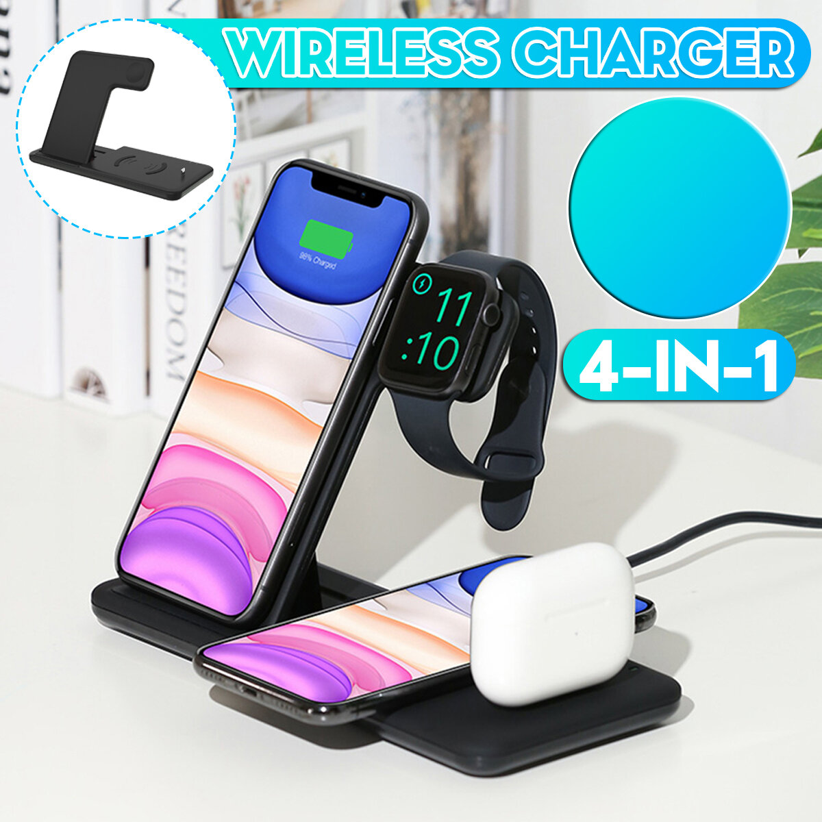 

Bakeey 4 in 1 Foldable 15W Qi Fast Wireless Charger Stand Dock Station for Airpods Pro iWatch for iPhone 12 Pro Max for