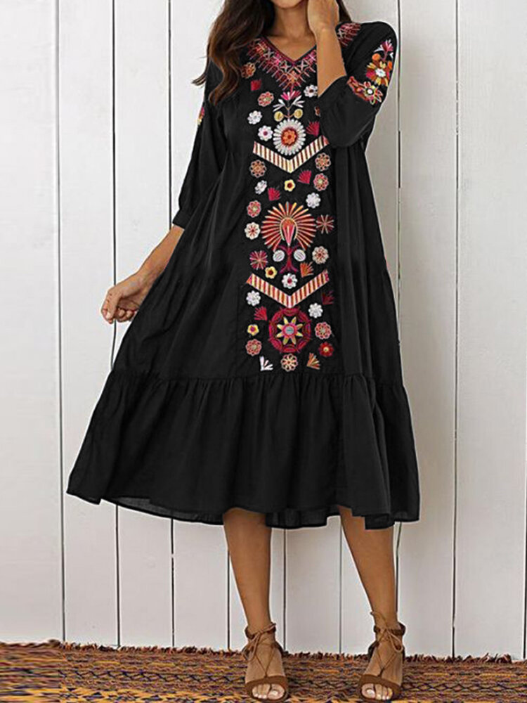 فستان ماكسي نسائي عرقي بياقة على شكل V وأكمام طويلة مطبوع عليه أزهار للعطلات بطيات بوهيمية