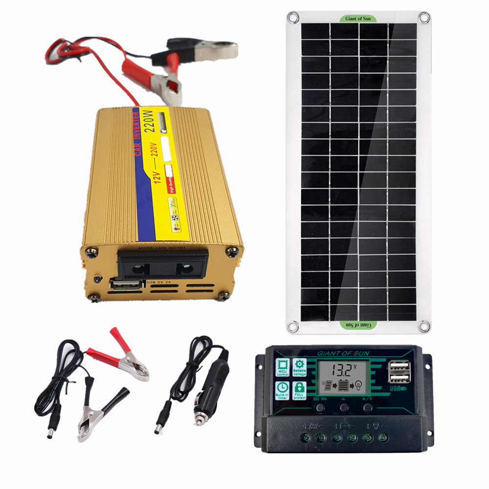 

LEORY 220V Solar Power System 30W Solar Panel Battery Charger 220W Inverter USB Kit Complete Controller Home Grid Camp P