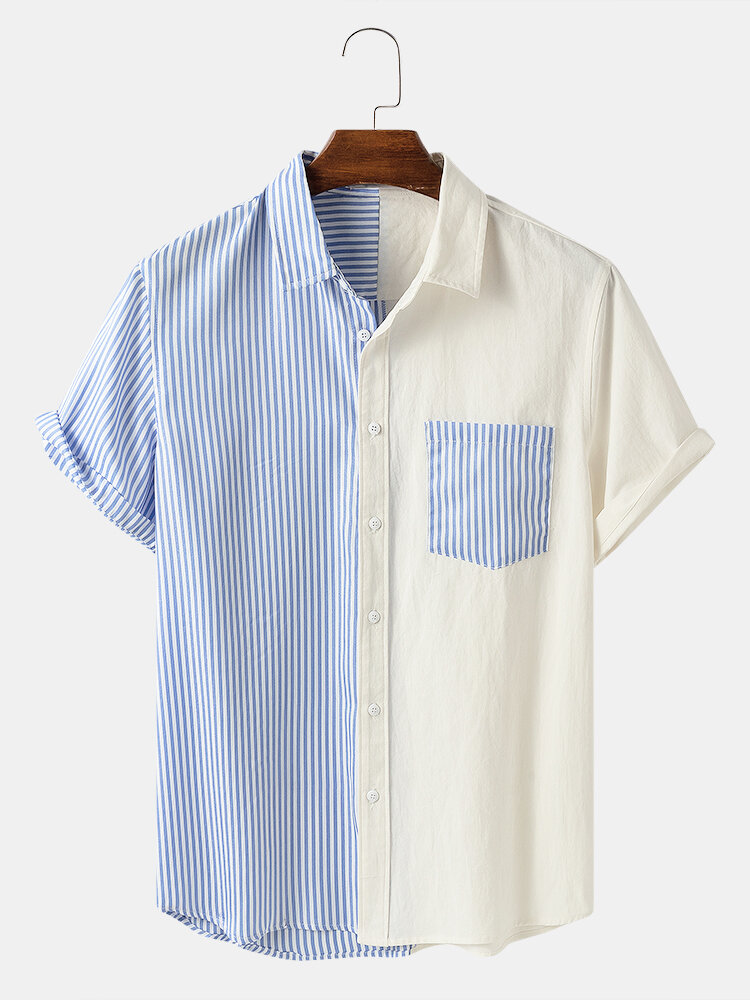 Banggood Design Men Cotton Spliced Stripe Patch Pocket Short Sleeve Casual Shirts