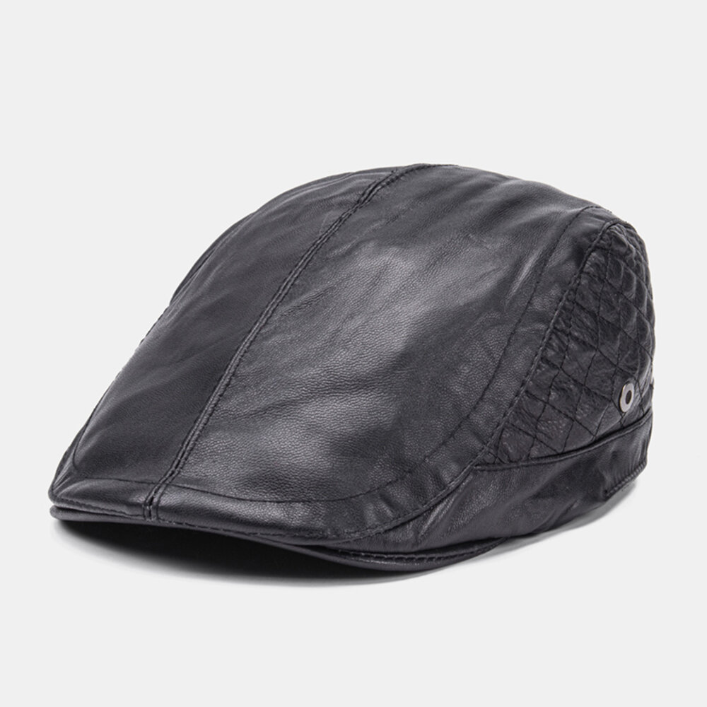 Men Genuine Leather Sheepskin Keep Warm Lattice Pattern Casual Universal Fold Solid Forward Hat Bere