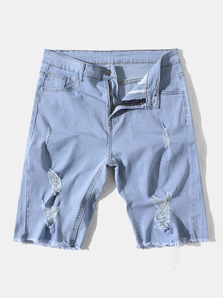 Men Denim Plain Hollow Zipper Pockets Mid Length Fit Casual Jeans