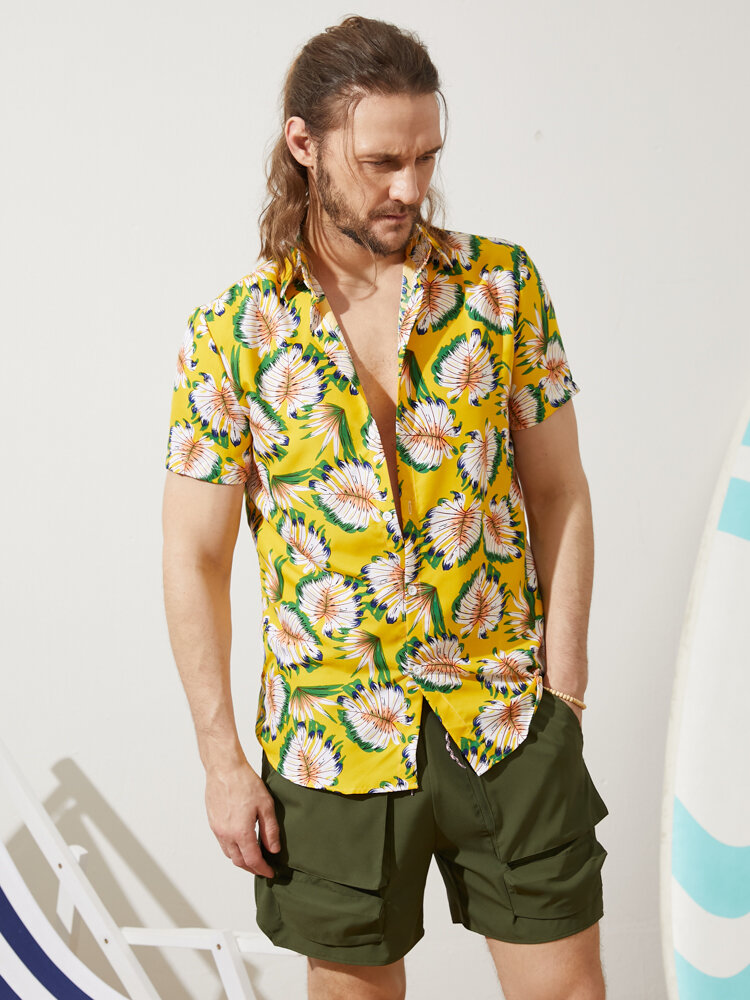 Heren grafische reverskraag met bladprint en casual overhemden in Hawa?-stijl met korte mouwen