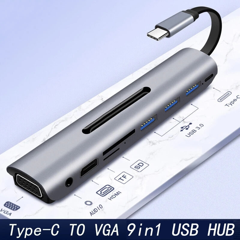 

Bakeey 9 In 1 Triple Display USB Type-C Hub Docking Station Adapter With 4K HDMI Display / 1080P VGA / 87W USB-C PD3.0 P