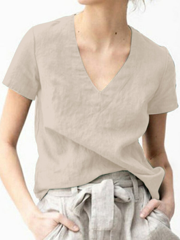 

Solid V Neck Short Sleeve Casual Cotton Blouse