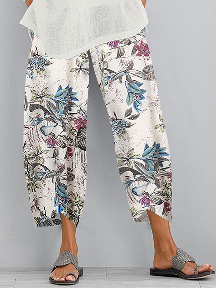 Retro Floral Print Elastic Waist Irregular Hem Pocket Casual Pants For Women