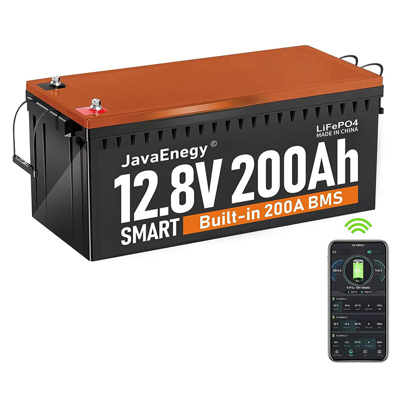 [US Direct] Bateria JavaEnegy 12V 200Ah Lifepo4 com monitor Bluetooth e APP integrado. Possui um BMS de 200A com função de aquecimento. Pack de bateria de fosfato de lítio e ferro para armazenamento solar 12V 24V 48V EV RV Barco.