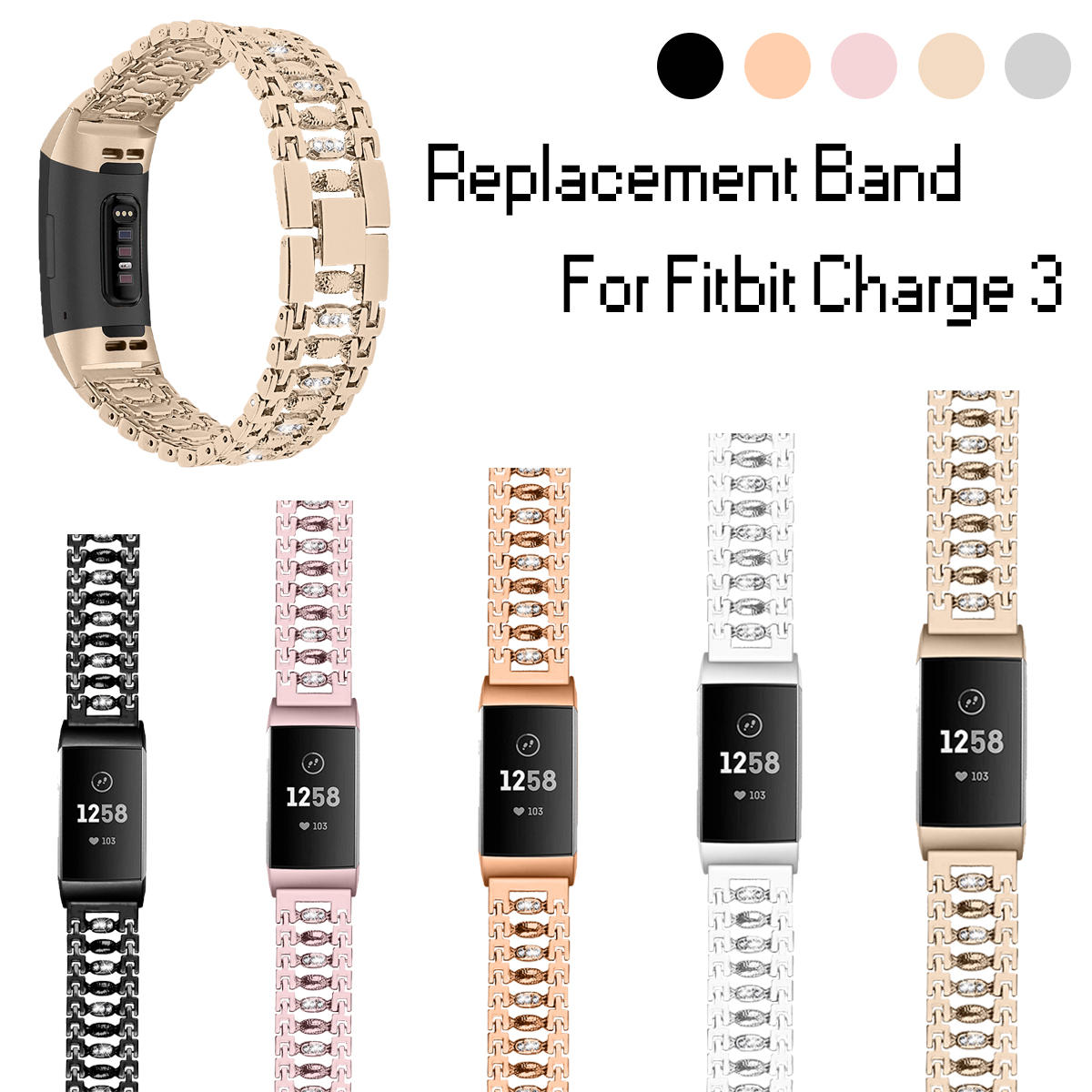 Bakeey roestvrij stalen diamanten ingelegde horlogebandriem voor Fitbit charge 3 Smart Watch