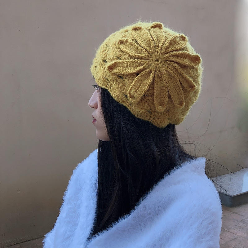 Ethnic Style Handmade Knitted Wool Hat Women Retro Elegant Flower Beret Beanie