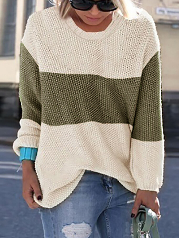 Women Casual Crew Neck Patchwork Long Sleeve Sweaters