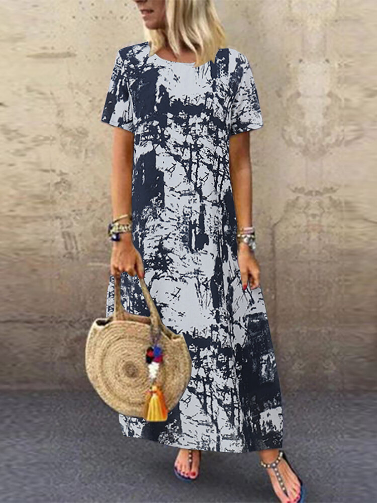Dames maxi-jurk met korte mouwen en O-hals, retro bloemenprint