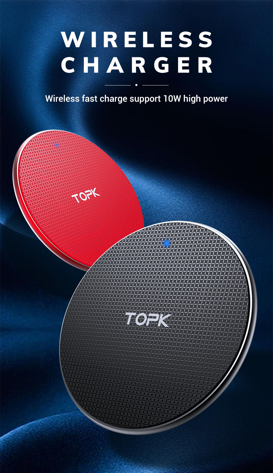 TOPK 10WLED急速充電ミニワイヤレス充電器パッドiPhone11 X Pro Mi9 Mi8 HUAWEIOPPOポコフォン