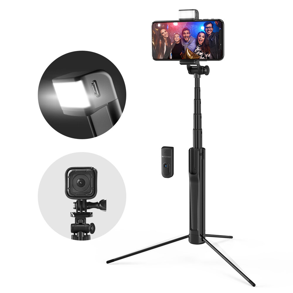 Blitzwolf BW-BS8 Uitschuifbare Bluetooth-statief Selfiestick met LED-vullicht voor telefoon Sportcam