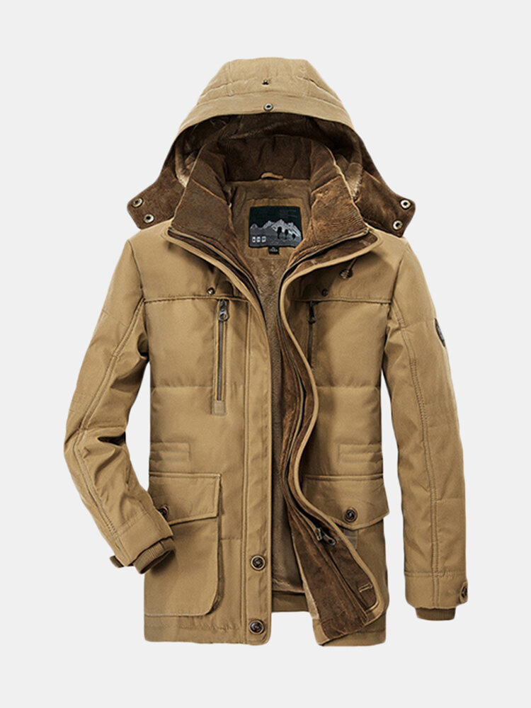 Men's Thick Fleece Winter Coat Hooded Outdoor Solid Color Jacket