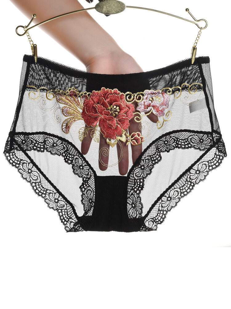 

Hot Lace Embroidery Mesh See Through Mid Waist Briefs