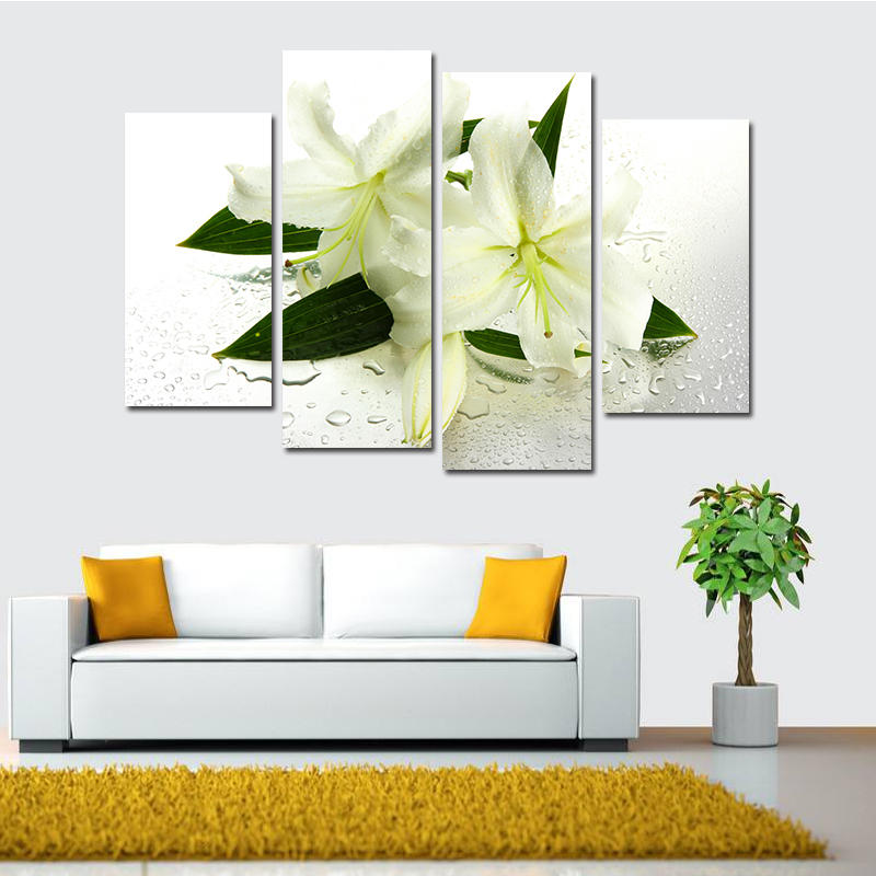 Miico Handgeschilderde viercombinaties Decoratieve schilderijen Botanische Lily Flower Wall Art voor