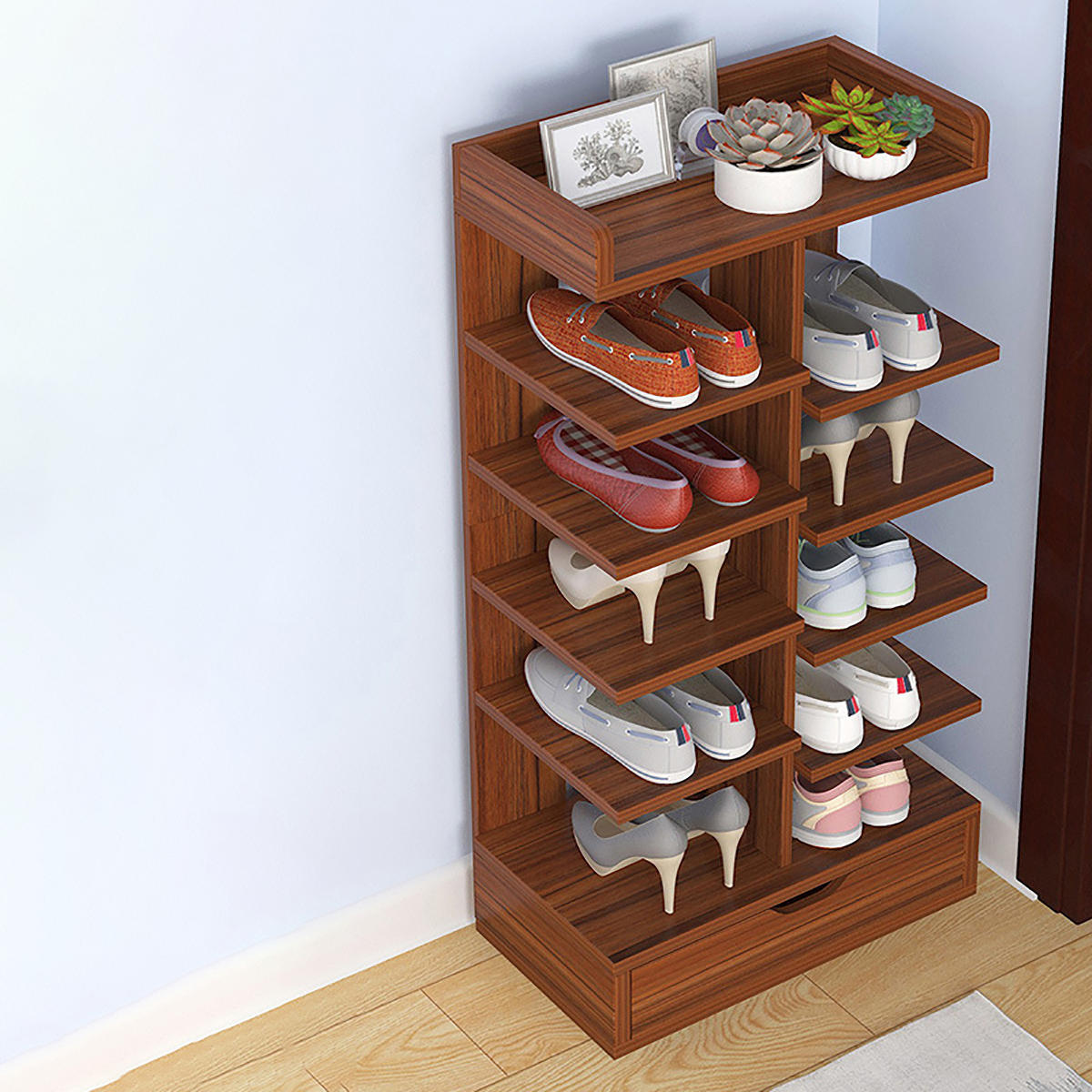 6 7 8 Layer Wooden Shoe Racks Storage Organizer Shelf With Drawer