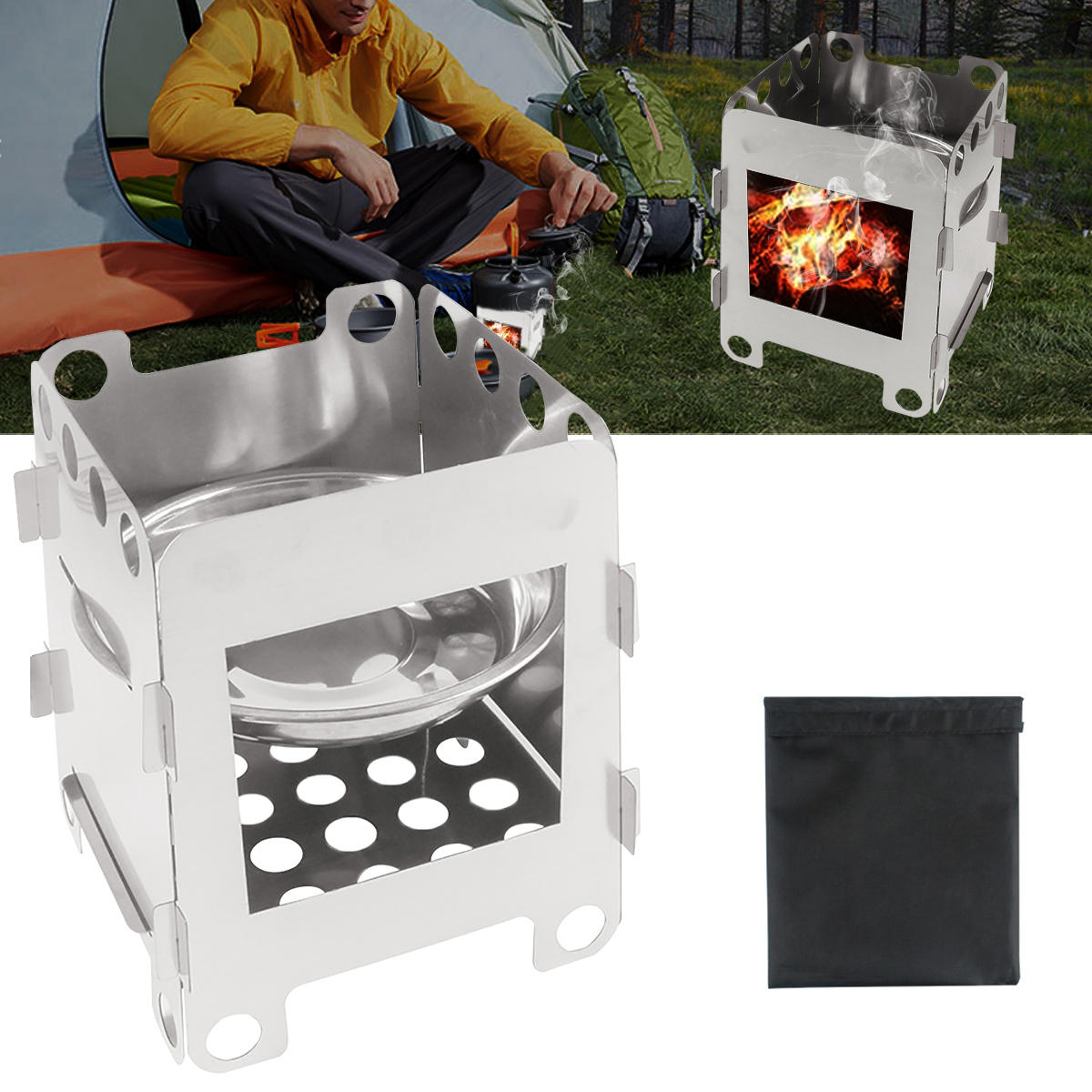 Fogão portátil de lenha ao ar livre IPRee® Aço inoxidável Piquenique Queimador para churrasco Fornalha Acampamento Caminhada