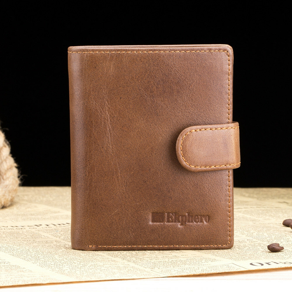 Image of Ekphero Herren Bifold Kurze Brieftasche Vintage Echtes Leder Multi-Card Slot Kartenhalter Haspe Mnztasche