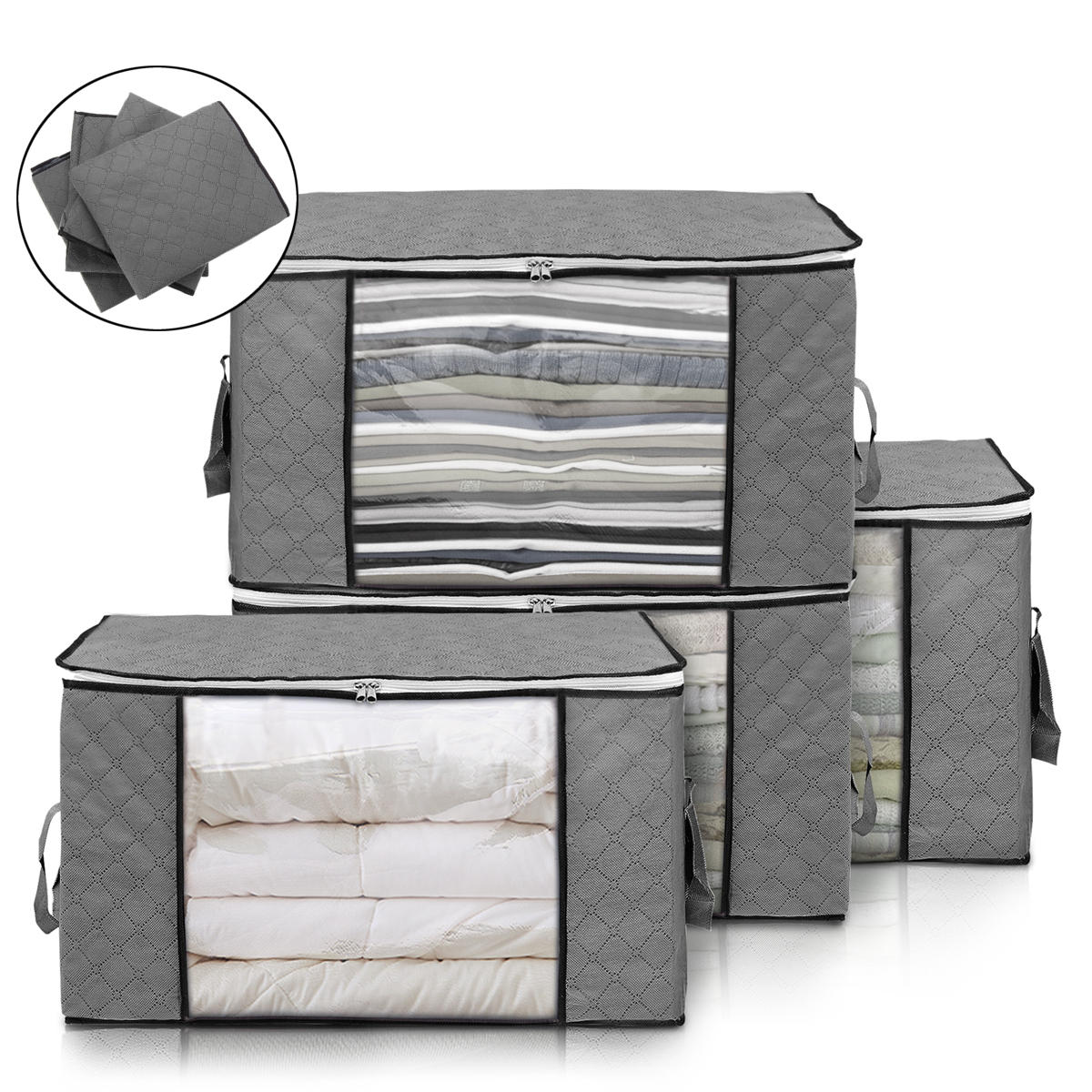 Set van 4 grote opvouwbare kledingopbergzakken met versterkte handgreep, stevige rits en stof voor het opbergen van dekens, dekbedden en andere artikelen in de kast
