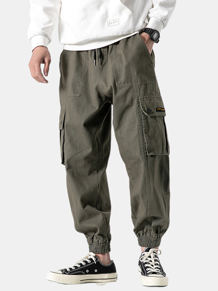 Image of Herren Casual Elastic Waist Taschen Pure Color Straight Pants