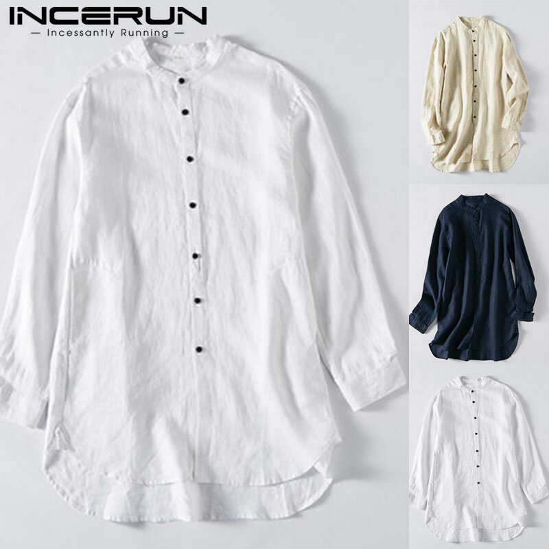 Image of Herren Vintage Leinen Bluse Langarm Casual Loose Button Front Shirts Tops T-Shirt