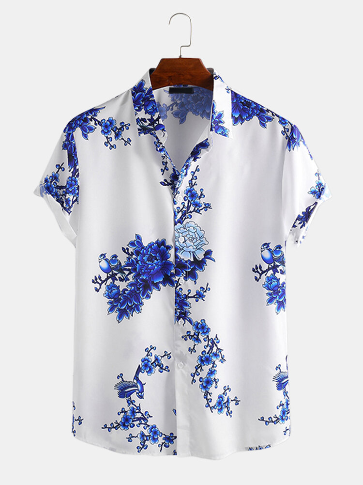 Ontspannen hemden met korte mouwen en porseleinen bloemenprint voor heren