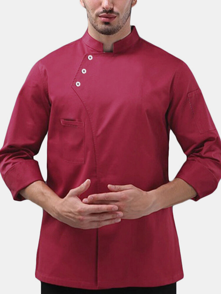Mens Long Sleeve Solid Color Buttons Chef Workwear Shirts