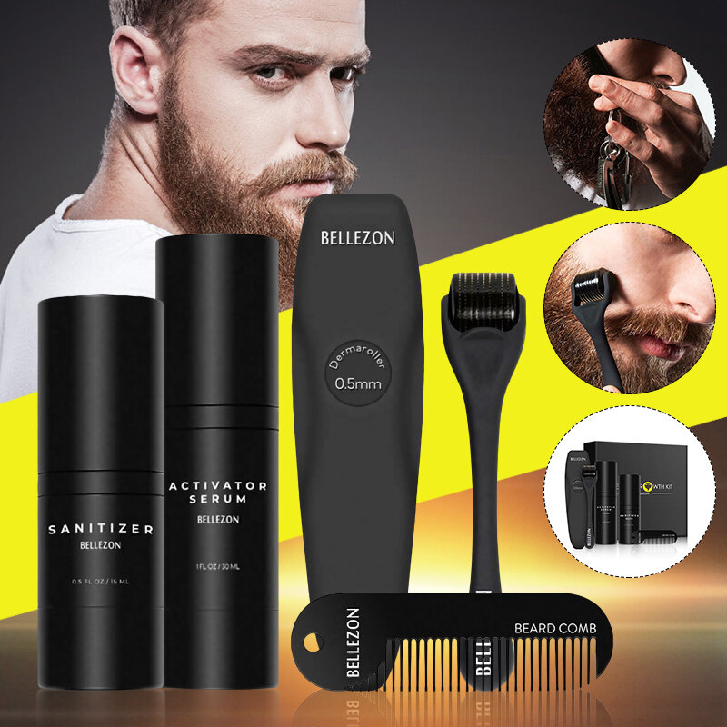 4 Pcs/Set Men Beard Growth Kit Hair Growth Enhancer Thicker Oil Nourishing Leave-in Conditioner Beard Growth Oil with Co