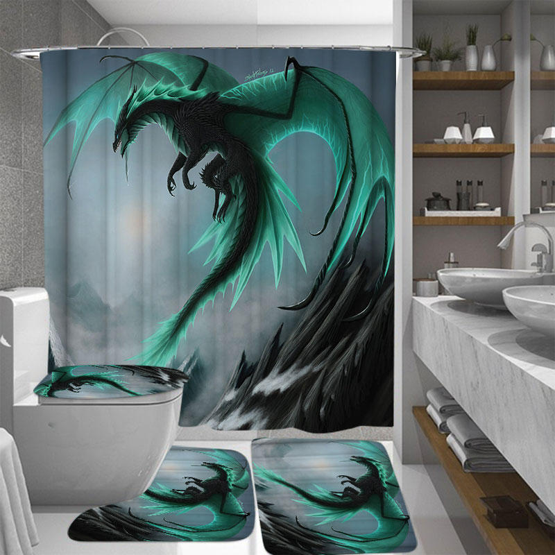 4PCS Flying Dragon Waterproof Bathroom Shower Curtain Toilet Cover Bath Mat Non-Slip Rug Set with 12 Hooks