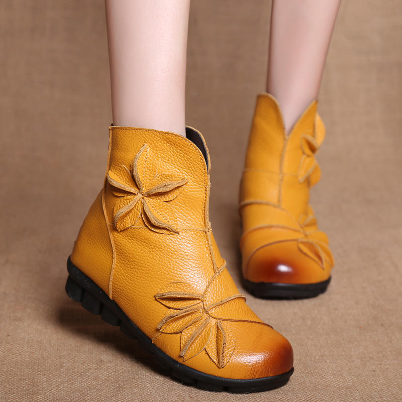 53% OFF on Women Handmade Flower Genuine Leather Comfy Ankle Short Boots