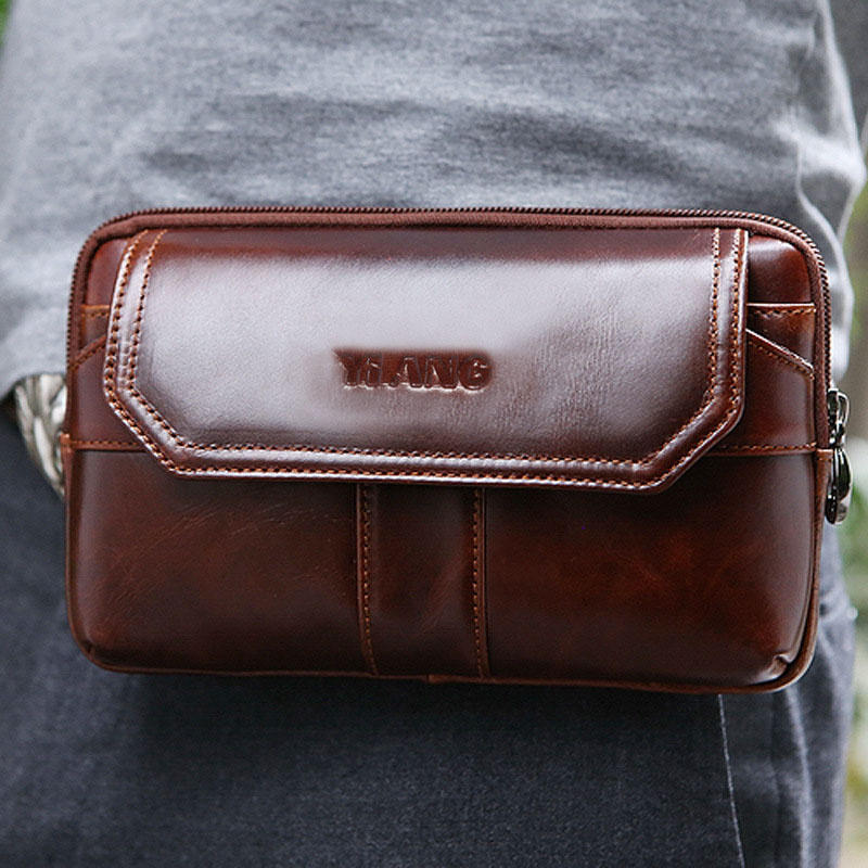 Men Genuine Leather Clutches Bag Belt Waist Phone Bag for 7 inches Phones