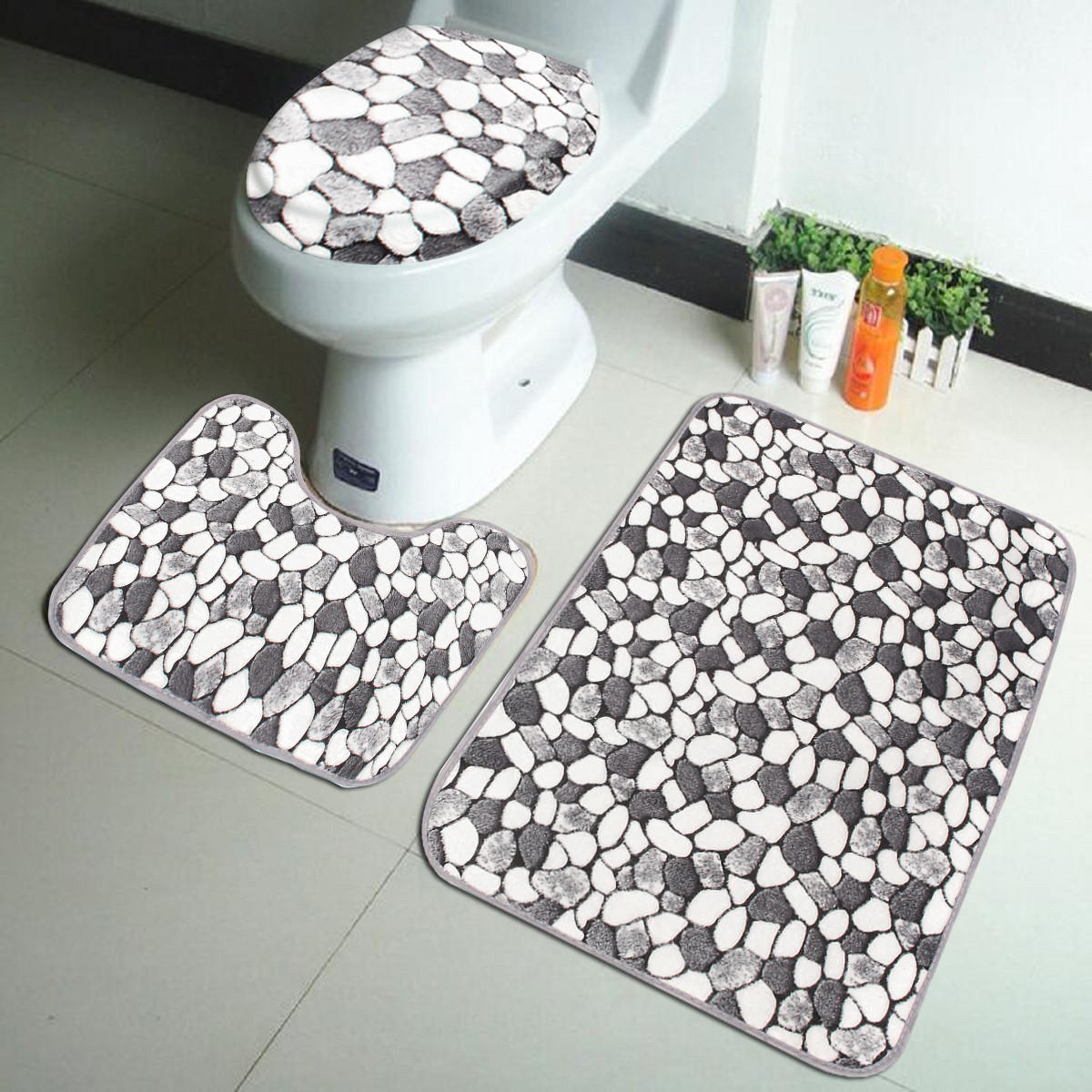 3Pcs Stone Pattern Washable Anti-Slip Soft Bathroom Pedestal Rug Toilet Lid Cover Bathroom Floor Mat Set