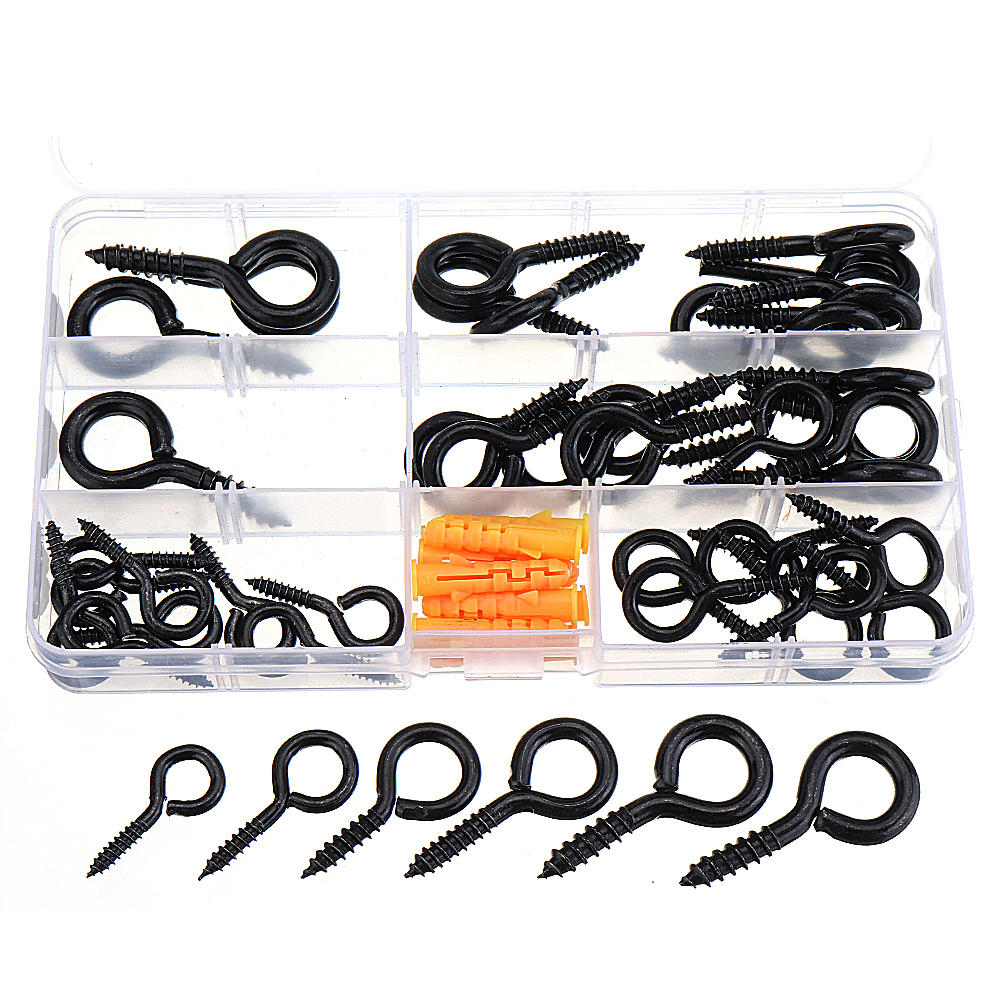 44Pcs Screw Eyes Zinc Plated Self Tapping Thread Eye Bolt Ring Hooks With Expansion Pipe Black