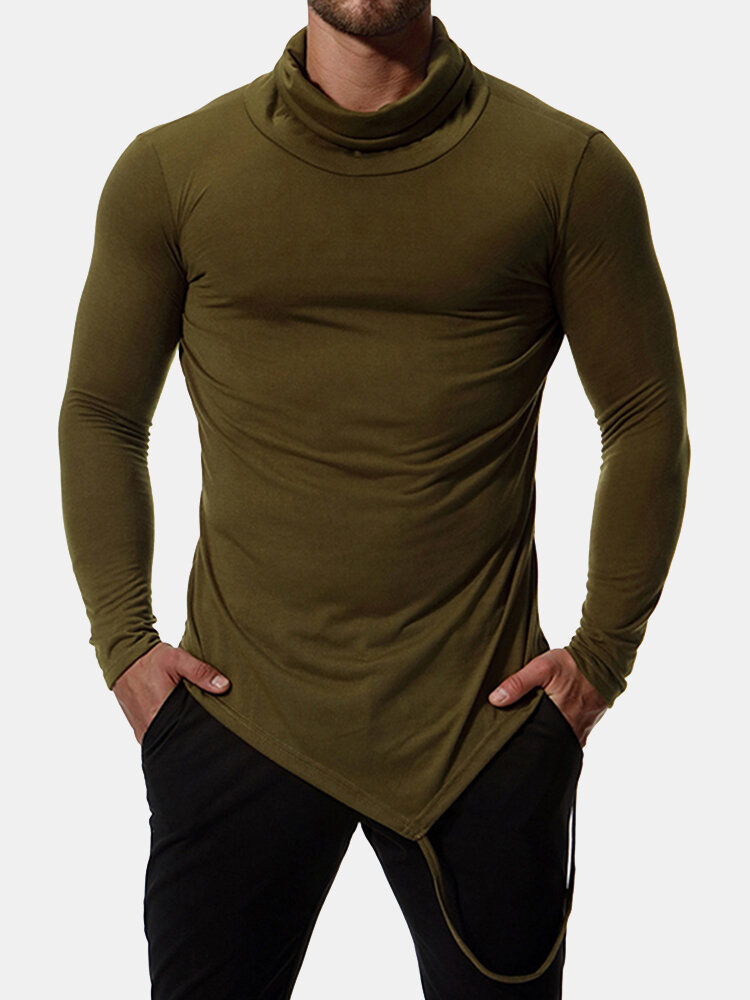 Image of Herren Herbst Baumwollmischung hohen Kragen Slim Long Sleeve Solid Color Casual T-Shirts