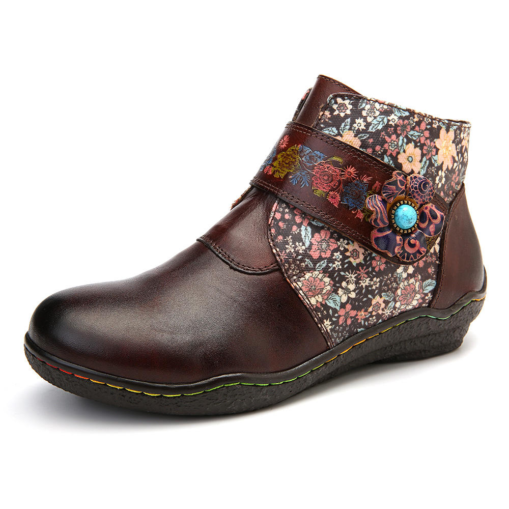 53% OFF on Retro Small Flowers Colorful Stitching Soft Leather Boots