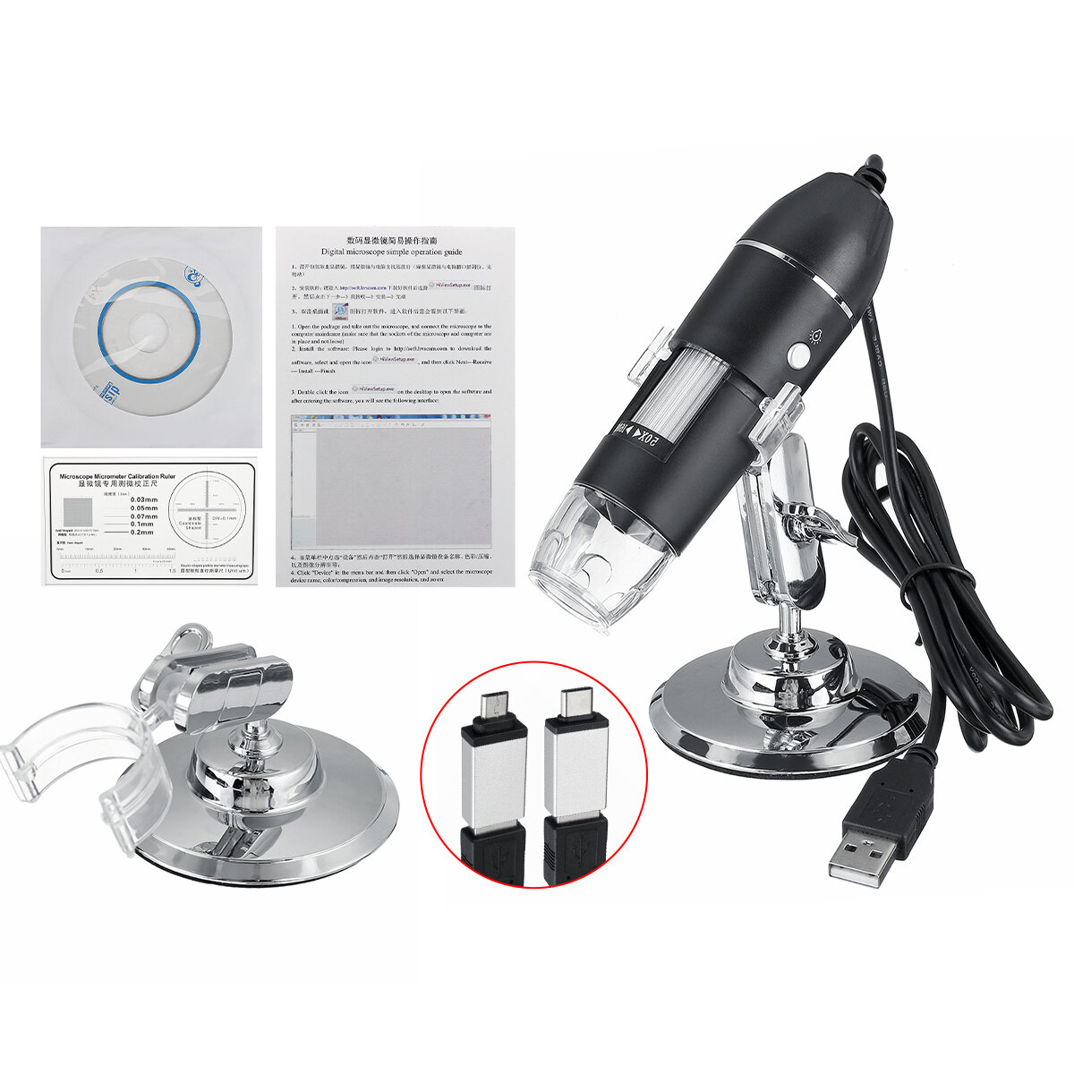 

8 LED Light Adjustable Dimmer Microscope Computers Real-Time Video Inspection Digital Microscope Micro USB+Type-C USB Ha