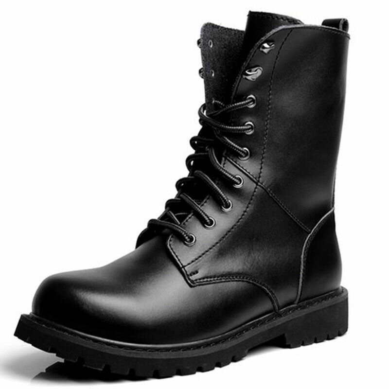 Men's Winter Keep Warm Waterproof Non-Slip Black Combat PU Leather Lace Up Jungle Hiking Snow Boots