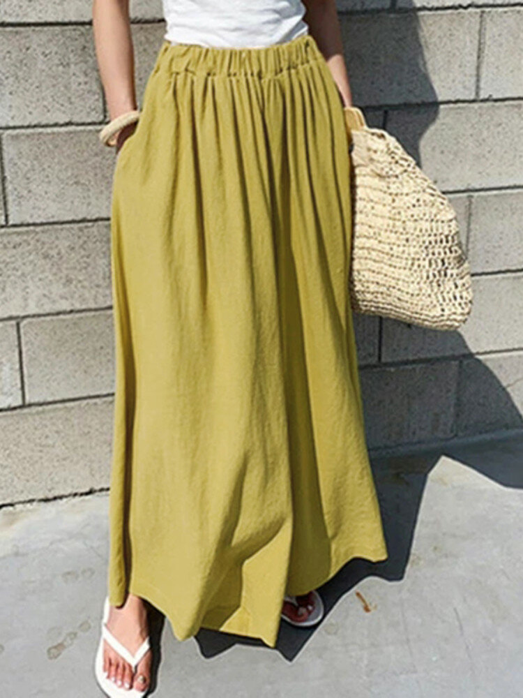 Image of Frauen elastische Taille Baumwolle lose weites Bein Hosen mit Taschen
