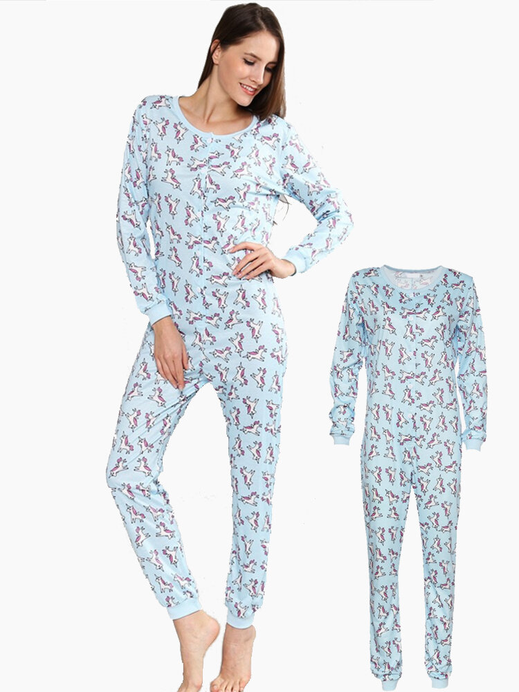 Pyjama met O-hals en knoopsluiting met lange mouwen en drukknopen
