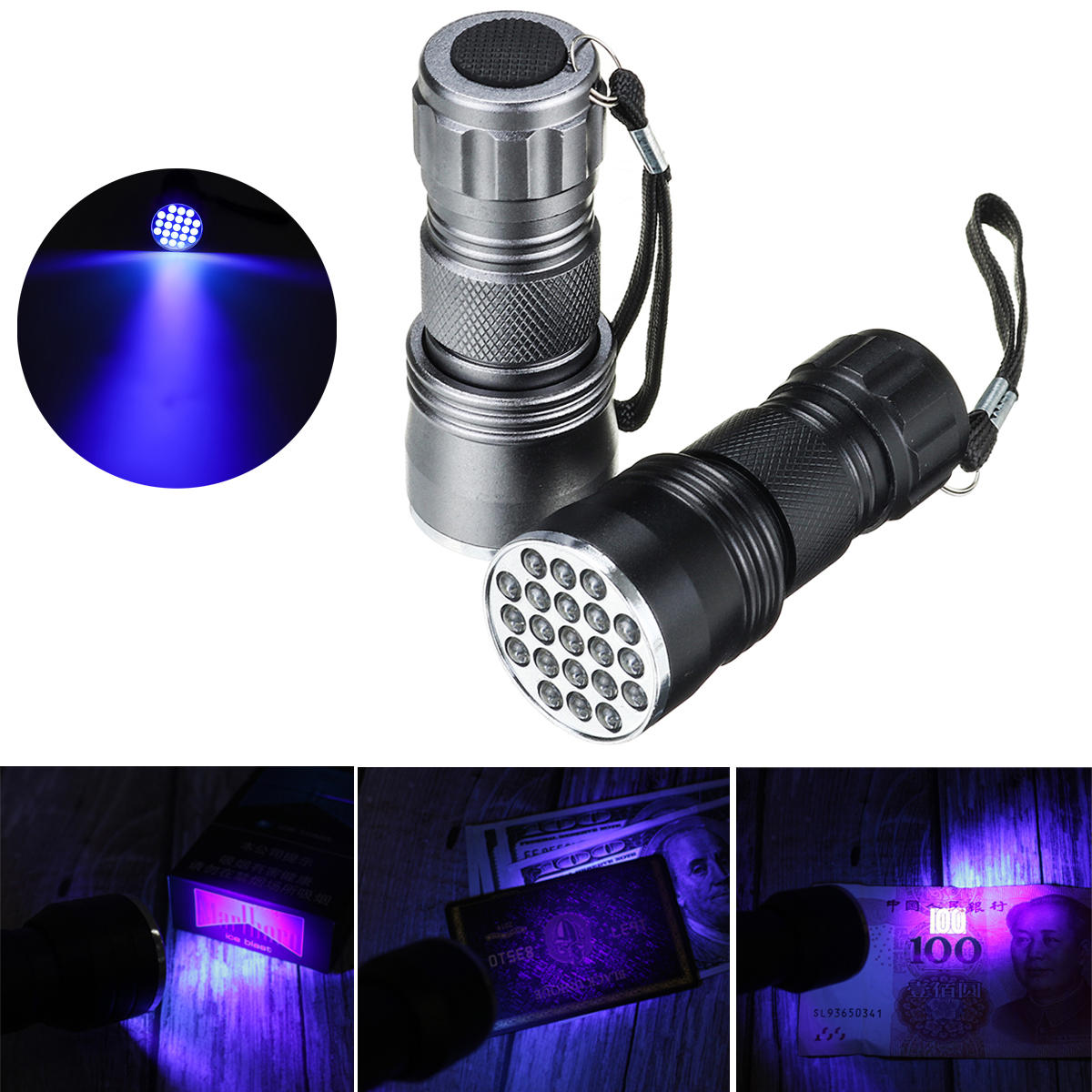 

21 LEDs 400nm Aluminum UV Ultra Violet Flashlight Mini Violet Torch Light Blacklight Currency Detector Lamp
