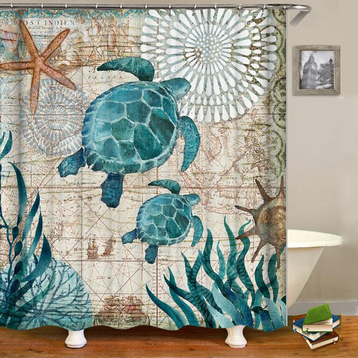 3D Bathroom Shower Curtain Polyester Waterproof Turtle Home With Hooks