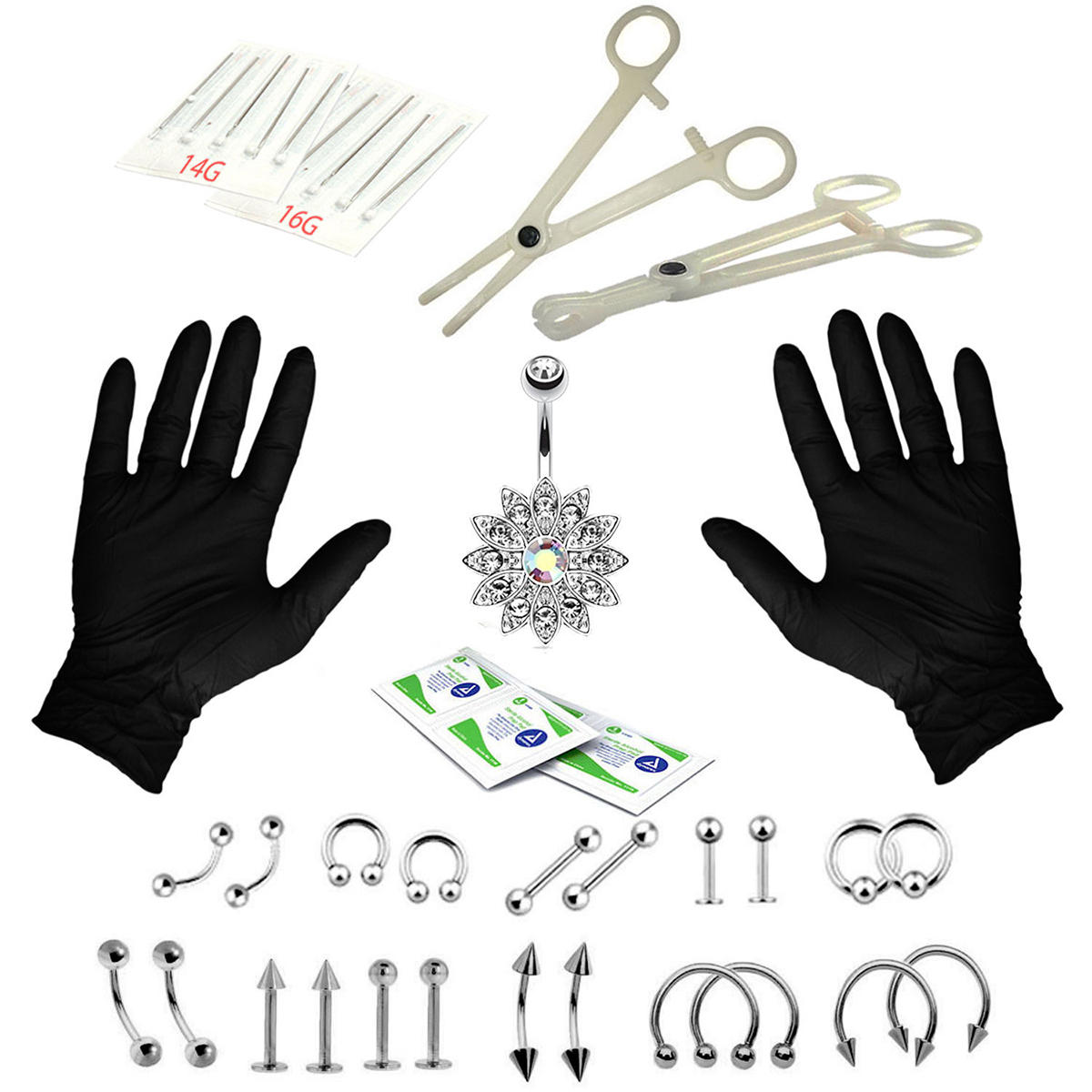 41PCS Body Piercing Tool Kit Orelha Nariz Umbigo Nipple Needle Scissors Set
