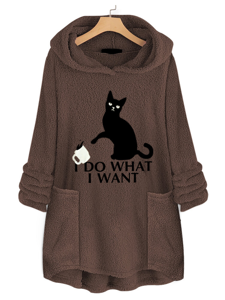 Women casual cat print hooded fleece thicken sweatshirt hoodies with ...