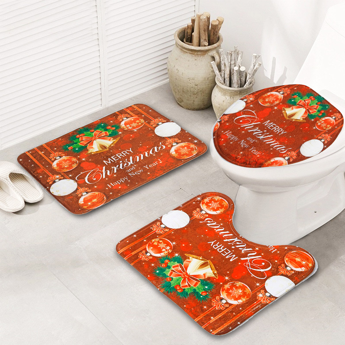3pcs Bathroom Rug Mats Set Christmas Decoration Anti-slip Toilet Rug Floor Mat